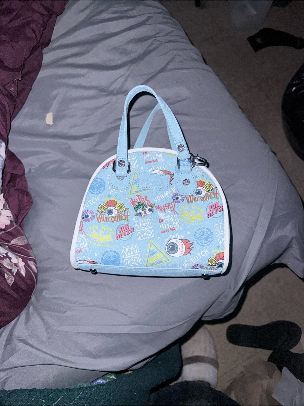 Von Dutch Light Blue Graphic Mini Dome Bag